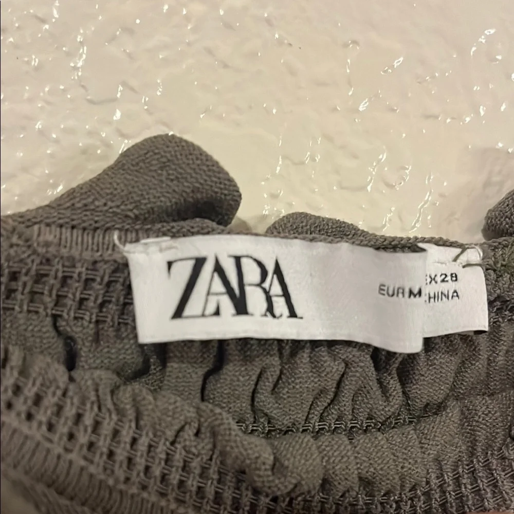 Zara Green Smocked Ribbed Ruffled Crop Blouse